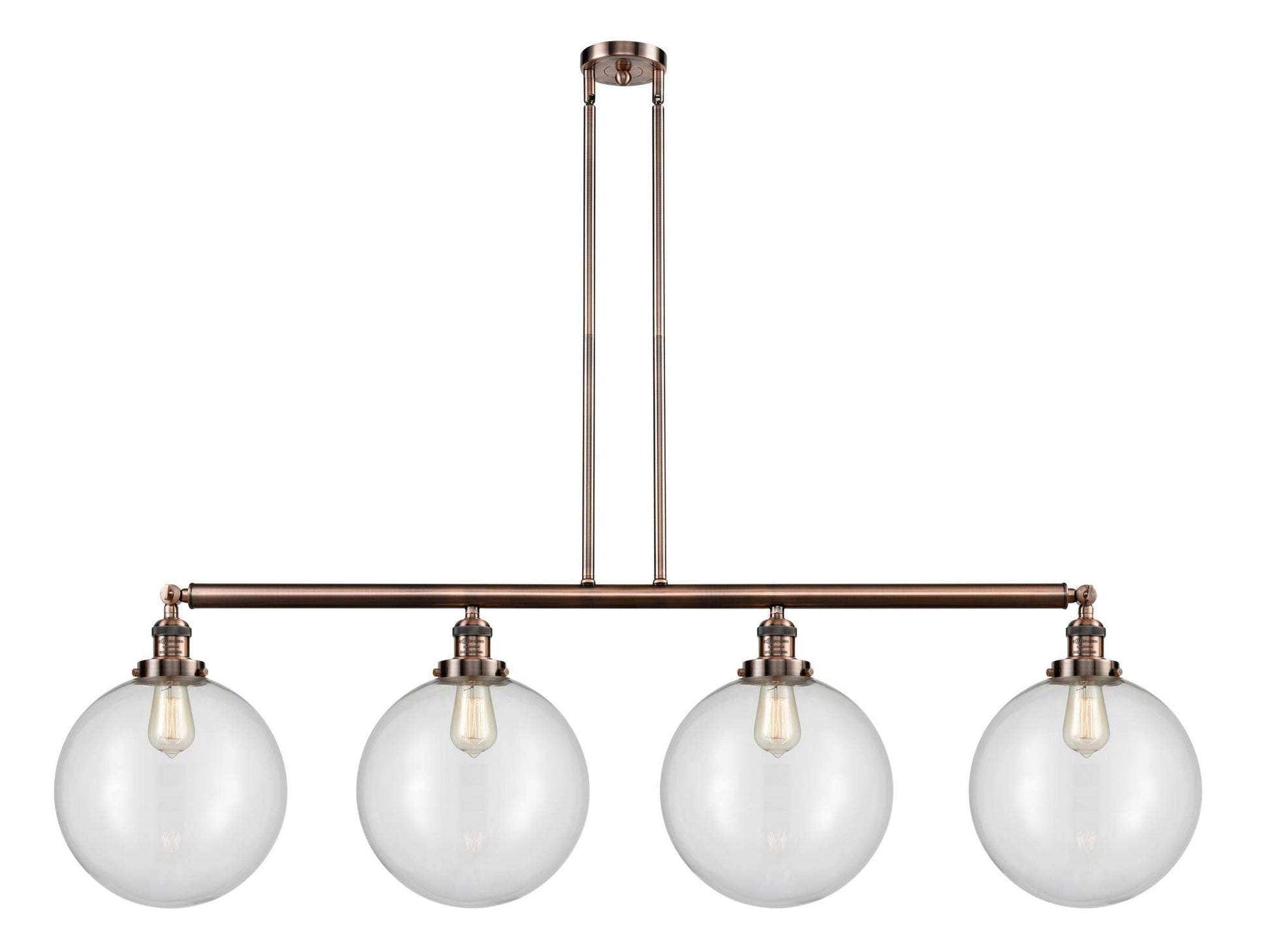 214-AC-G202-12 4-Light 56" Antique Copper Island Light - Clear Beacon Glass - LED Bulb - Dimmensions: 56 x 12 x 16<br>Minimum Height : 26<br>Maximum Height : 50 - Sloped Ceiling Compatible: Yes