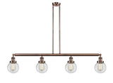 214-AC-G202-6 4-Light 50.625" Antique Copper Island Light - Clear Beacon Glass - LED Bulb - Dimmensions: 50.625 x 6 x 10.875<br>Minimum Height : 20<br>Maximum Height : 44 - Sloped Ceiling Compatible: Yes