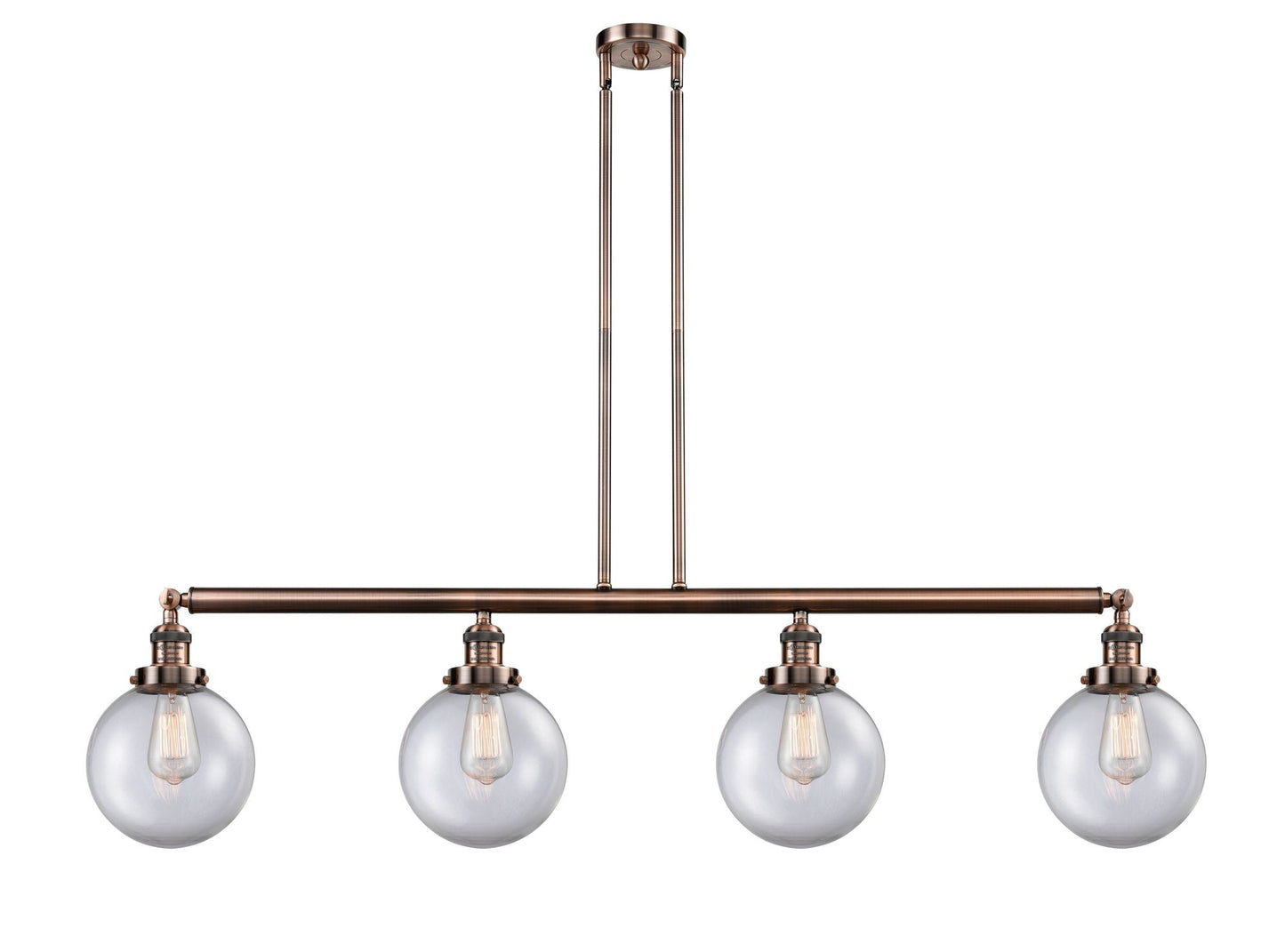 214-AC-G202-8 4-Light 52.625" Antique Copper Island Light - Clear Beacon Glass - LED Bulb - Dimmensions: 52.625 x 8 x 12.875<br>Minimum Height : 22<br>Maximum Height : 46 - Sloped Ceiling Compatible: Yes