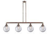 214-AC-G202-8 4-Light 52.625" Antique Copper Island Light - Clear Beacon Glass - LED Bulb - Dimmensions: 52.625 x 8 x 12.875<br>Minimum Height : 22<br>Maximum Height : 46 - Sloped Ceiling Compatible: Yes