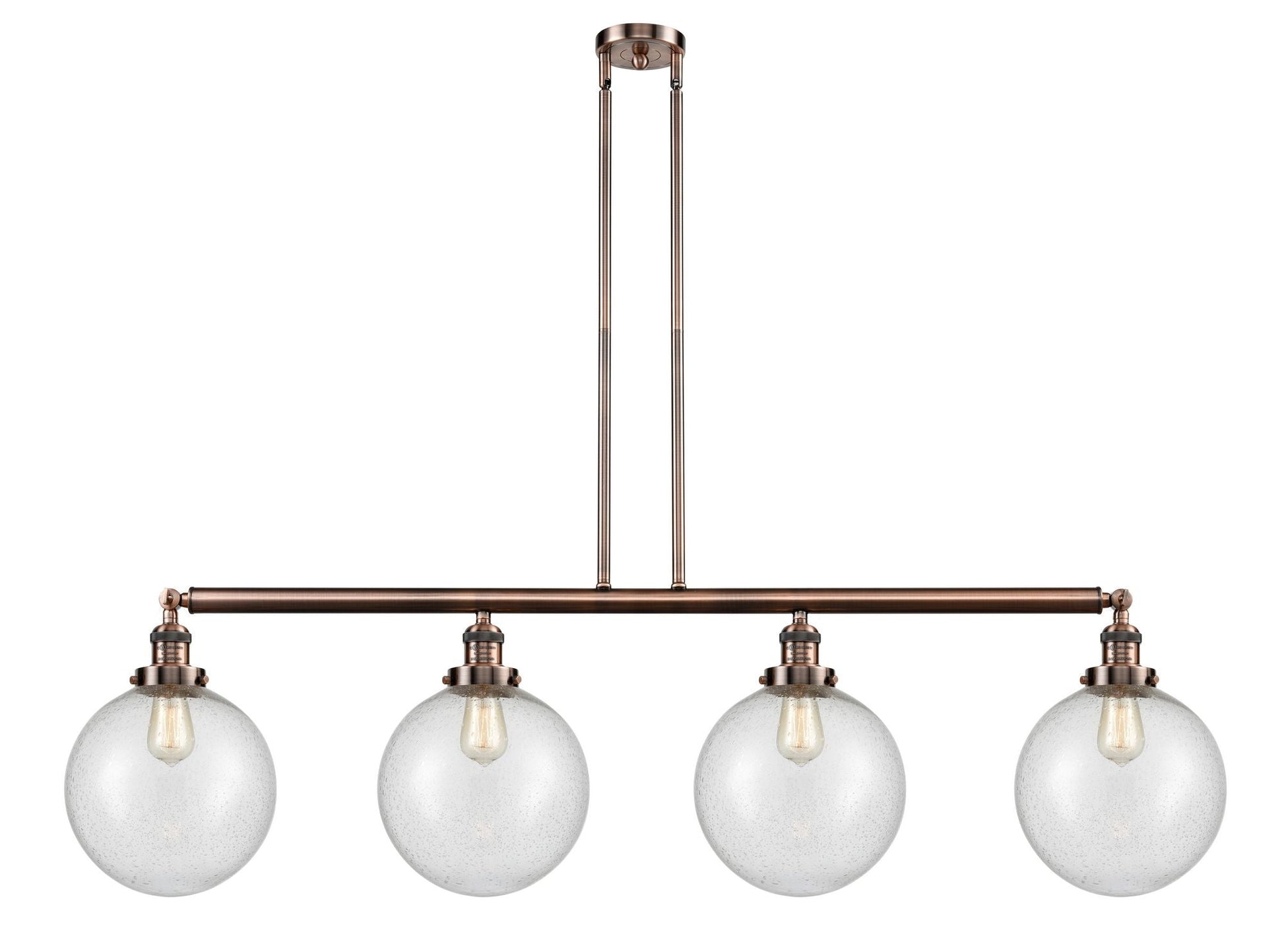 214-AC-G204-10 4-Light 54" Antique Copper Island Light - Seedy Beacon Glass - LED Bulb - Dimmensions: 54 x 10 x 14<br>Minimum Height : 24<br>Maximum Height : 48 - Sloped Ceiling Compatible: Yes