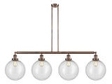 214-AC-G204-12 4-Light 56" Antique Copper Island Light - Seedy Beacon Glass - LED Bulb - Dimmensions: 56 x 12 x 16<br>Minimum Height : 26<br>Maximum Height : 50 - Sloped Ceiling Compatible: Yes