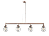 214-AC-G204-6 4-Light 50.625" Antique Copper Island Light - Seedy Beacon Glass - LED Bulb - Dimmensions: 50.625 x 6 x 10.875<br>Minimum Height : 20<br>Maximum Height : 44 - Sloped Ceiling Compatible: Yes