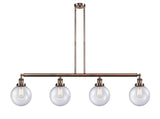 214-AC-G204-8 4-Light 52.625" Antique Copper Island Light - Seedy Beacon Glass - LED Bulb - Dimmensions: 52.625 x 8 x 12.875<br>Minimum Height : 22<br>Maximum Height : 46 - Sloped Ceiling Compatible: Yes