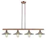 214-AC-G2 4-Light 53.125" Antique Copper Island Light - Clear Halophane Glass - LED Bulb - Dimmensions: 53.125 x 8.5 x 8<br>Minimum Height : 16.25<br>Maximum Height : 40.25 - Sloped Ceiling Compatible: Yes