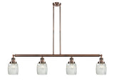 214-AC-G302 4-Light 50.125" Antique Copper Island Light - Thick Clear Halophane Colton Glass - LED Bulb - Dimmensions: 50.125 x 7 x 11<br>Minimum Height : 20.25<br>Maximum Height : 44.25 - Sloped Ceiling Compatible: Yes