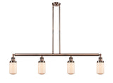 214-AC-G311 4-Light 49.125" Antique Copper Island Light - Matte White Cased Dover Glass - LED Bulb - Dimmensions: 49.125 x 4.5 x 10.75<br>Minimum Height : 20.75<br>Maximum Height : 44.75 - Sloped Ceiling Compatible: Yes