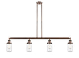 214-AC-G312 4-Light 49.125" Antique Copper Island Light - Clear Dover Glass - LED Bulb - Dimmensions: 49.125 x 4.5 x 10.75<br>Minimum Height : 20.75<br>Maximum Height : 44.75 - Sloped Ceiling Compatible: Yes