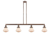 214-AC-G321 4-Light 51.375" Antique Copper Island Light - Matte White Olean Glass - LED Bulb - Dimmensions: 51.375 x 6.375 x 8.75<br>Minimum Height : 21.875<br>Maximum Height : 45.875 - Sloped Ceiling Compatible: Yes