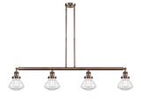 214-AC-G322 4-Light 51.375" Antique Copper Island Light - Clear Olean Glass - LED Bulb - Dimmensions: 51.375 x 6.375 x 8.75<br>Minimum Height : 21.875<br>Maximum Height : 45.875 - Sloped Ceiling Compatible: Yes