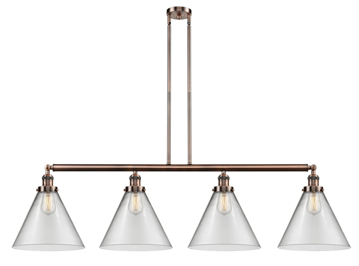 214-AC-G42-L 4-Light 56" Antique Copper Island Light - Clear Cone 12" Glass - LED Bulb - Dimmensions: 56 x 12 x 14<br>Minimum Height : 24.25<br>Maximum Height : 48.25 - Sloped Ceiling Compatible: Yes