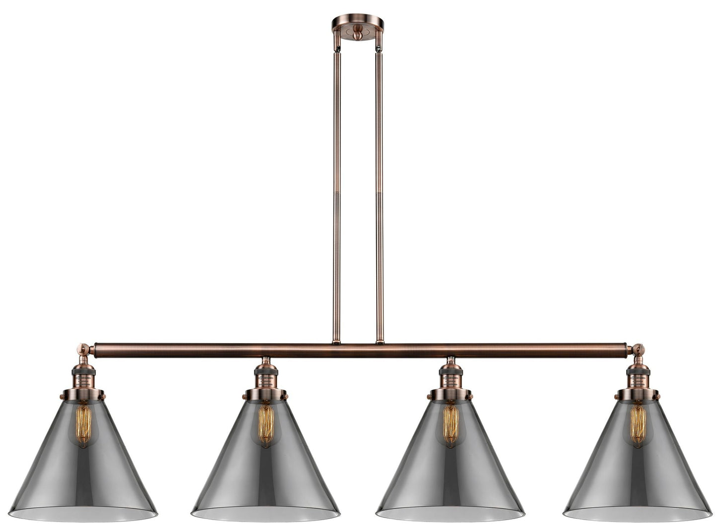 214-AC-G43-L 4-Light 56" Antique Copper Island Light - Plated Smoke Cone 12" Glass - LED Bulb - Dimmensions: 56 x 12 x 14<br>Minimum Height : 24.25<br>Maximum Height : 48.25 - Sloped Ceiling Compatible: Yes