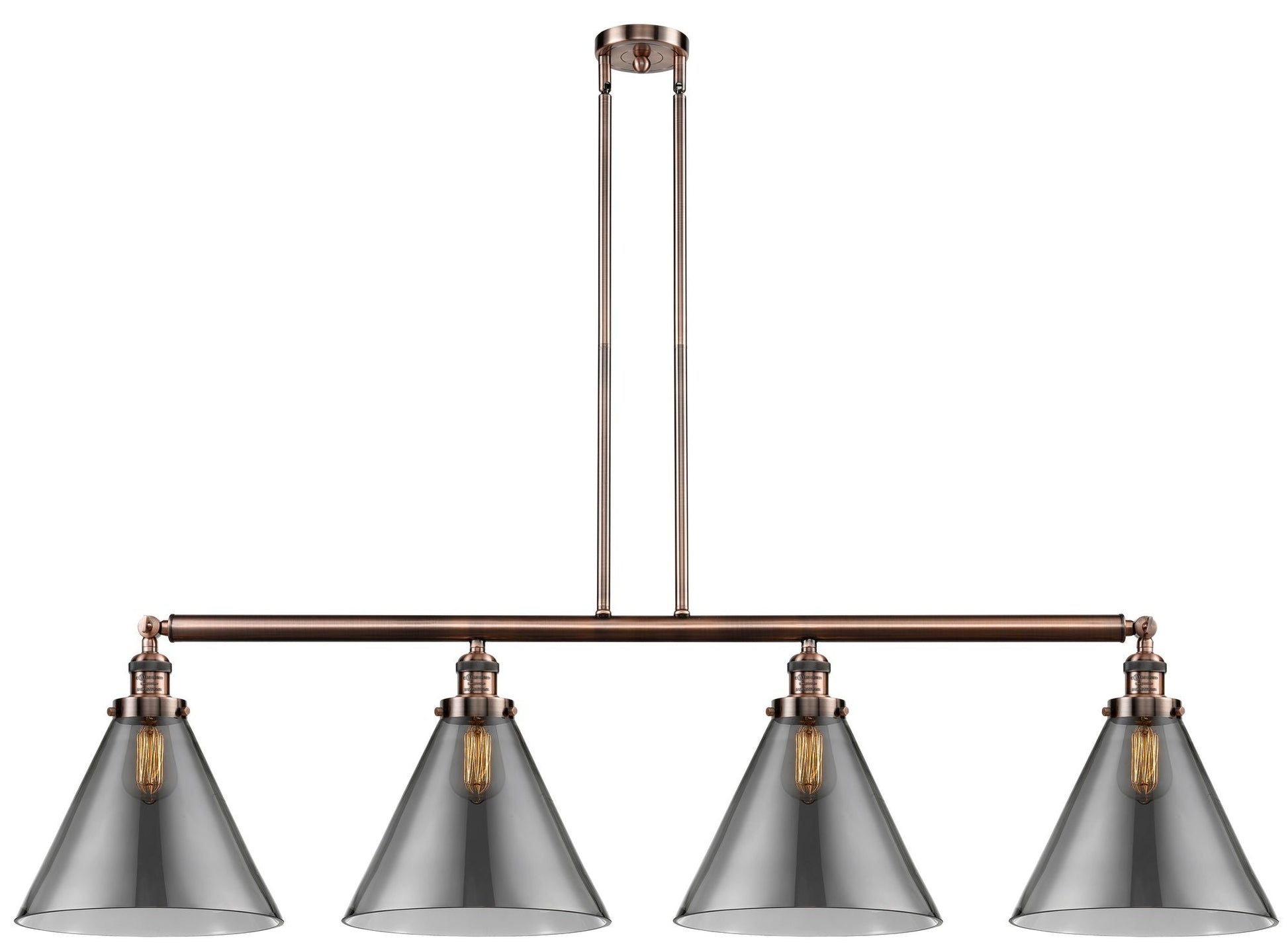 214-AC-G43-L 4-Light 56" Antique Copper Island Light - Plated Smoke Cone 12" Glass - LED Bulb - Dimmensions: 56 x 12 x 14<br>Minimum Height : 24.25<br>Maximum Height : 48.25 - Sloped Ceiling Compatible: Yes
