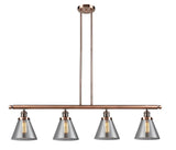 214-AC-G43 4-Light 52.375" Antique Copper Island Light - Plated Smoke Large Cone Glass - LED Bulb - Dimmensions: 52.375 x 7.75 x 10<br>Minimum Height : 20.25<br>Maximum Height : 44.25 - Sloped Ceiling Compatible: Yes