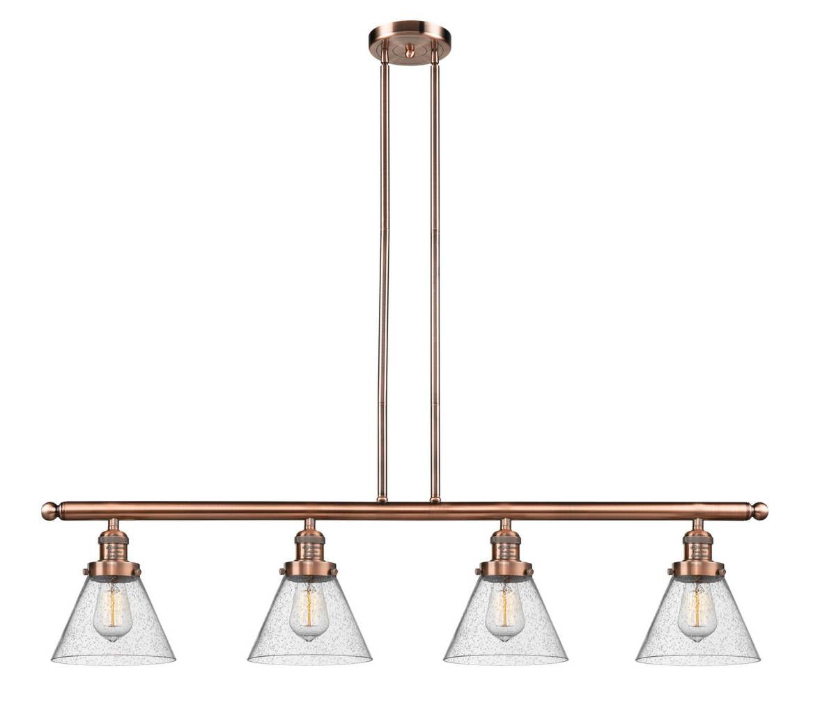 214-AC-G44 4-Light 52.375" Antique Copper Island Light - Seedy Large Cone Glass - LED Bulb - Dimmensions: 52.375 x 7.75 x 10<br>Minimum Height : 20.25<br>Maximum Height : 44.25 - Sloped Ceiling Compatible: Yes