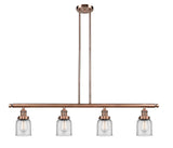 214-AC-G52 4-Light 49.625" Antique Copper Island Light - Clear Small Bell Glass - LED Bulb - Dimmensions: 49.625 x 5 x 10<br>Minimum Height : 20<br>Maximum Height : 44 - Sloped Ceiling Compatible: Yes