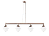 214-AC-G531 4-Light 52.125" Antique Copper Island Light - Matte White Cased Small Oxford Glass - LED Bulb - Dimmensions: 52.125 x 7.75 x 10<br>Minimum Height : 20<br>Maximum Height : 44 - Sloped Ceiling Compatible: Yes