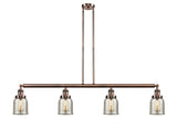 214-AC-G58 4-Light 49.625" Antique Copper Island Light - Silver Plated Mercury Small Bell Glass - LED Bulb - Dimmensions: 49.625 x 8 x 10<br>Minimum Height : 20<br>Maximum Height : 44 - Sloped Ceiling Compatible: Yes
