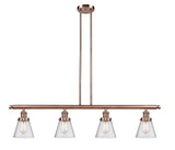 214-AC-G64 4-Light 50.875" Antique Copper Island Light - Seedy Small Cone Glass - LED Bulb - Dimmensions: 50.875 x 6.25 x 10<br>Minimum Height : 20<br>Maximum Height : 44 - Sloped Ceiling Compatible: Yes