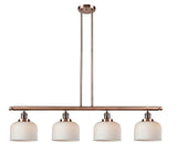 214-AC-G71 4-Light 52.625" Antique Copper Island Light - Matte White Cased Large Bell Glass - LED Bulb - Dimmensions: 52.625 x 8 x 10<br>Minimum Height : 20<br>Maximum Height : 44 - Sloped Ceiling Compatible: Yes