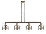 214-AC-G78 4-Light 52.625" Antique Copper Island Light - Silver Plated Mercury Large Bell Glass - LED Bulb - Dimmensions: 52.625 x 8 x 10<br>Minimum Height : 20<br>Maximum Height : 44 - Sloped Ceiling Compatible: Yes