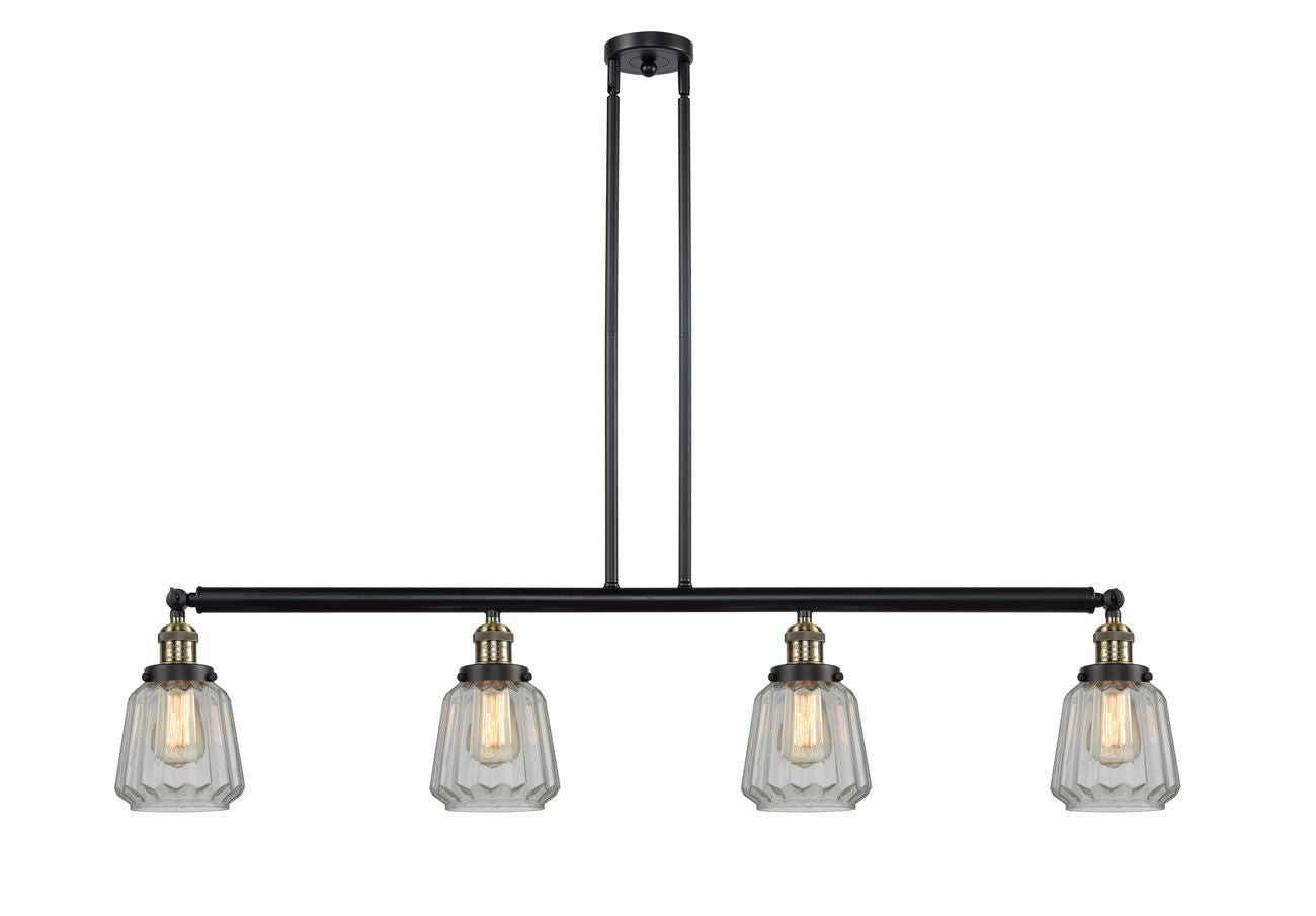 214-BAB-G142 4-Light 50.875" Black Antique Brass Island Light - Clear Chatham Glass - LED Bulb - Dimmensions: 50.875 x 6.25 x 10<br>Minimum Height : 21<br>Maximum Height : 45 - Sloped Ceiling Compatible: Yes