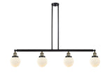 214-BAB-G201-6 4-Light 50.625" Black Antique Brass Island Light - Matte White Cased Beacon Glass - LED Bulb - Dimmensions: 50.625 x 6 x 10.875<br>Minimum Height : 20<br>Maximum Height : 44 - Sloped Ceiling Compatible: Yes
