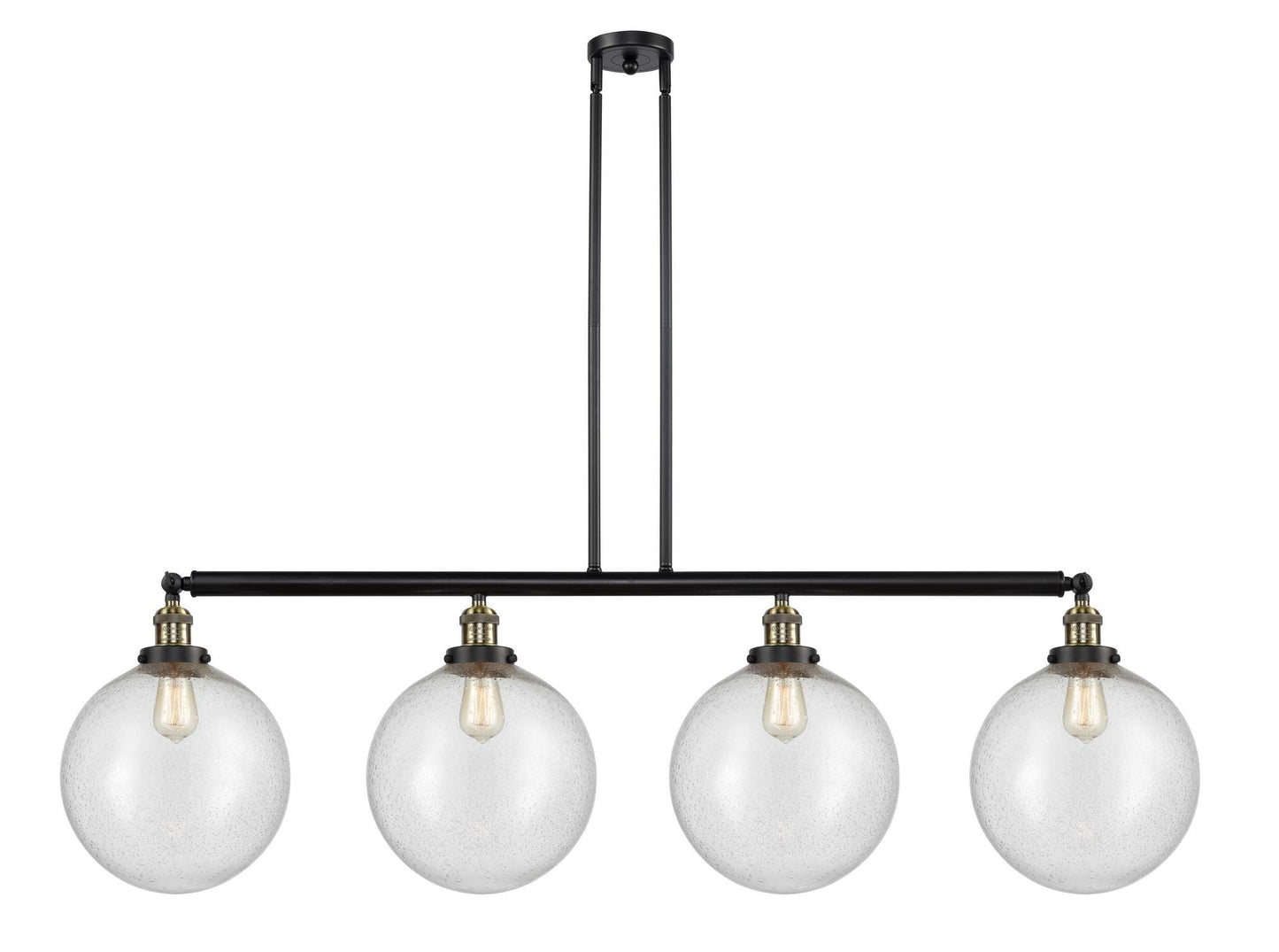 214-BAB-G204-12 4-Light 56" Black Antique Brass Island Light - Seedy Beacon Glass - LED Bulb - Dimmensions: 56 x 12 x 16<br>Minimum Height : 26<br>Maximum Height : 50 - Sloped Ceiling Compatible: Yes