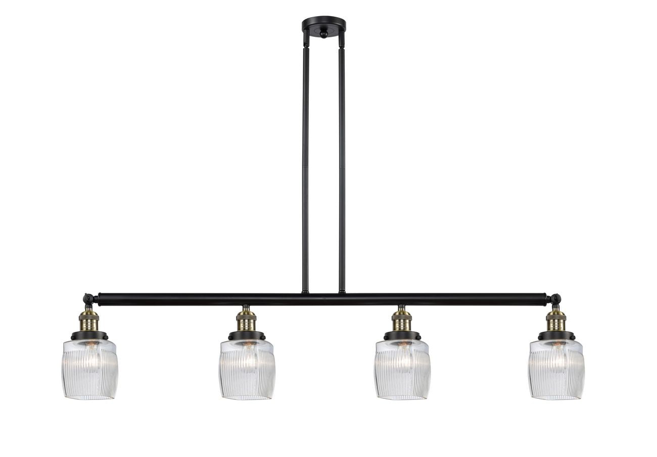 214-BAB-G302 4-Light 50.125" Black Antique Brass Island Light - Thick Clear Halophane Colton Glass - LED Bulb - Dimmensions: 50.125 x 7 x 11<br>Minimum Height : 20.25<br>Maximum Height : 44.25 - Sloped Ceiling Compatible: Yes
