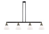 214-BAB-G41 4-Light 52.375" Black Antique Brass Island Light - Matte White Cased Large Cone Glass - LED Bulb - Dimmensions: 52.375 x 7.75 x 10<br>Minimum Height : 20.25<br>Maximum Height : 44.25 - Sloped Ceiling Compatible: Yes