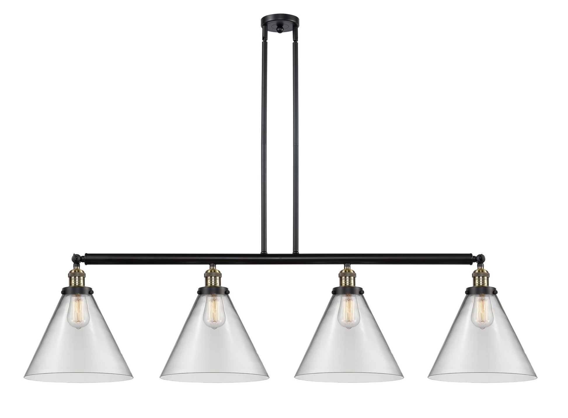 214-BAB-G42-L 4-Light 56" Black Antique Brass Island Light - Clear Cone 12" Glass - LED Bulb - Dimmensions: 56 x 12 x 14<br>Minimum Height : 24.25<br>Maximum Height : 48.25 - Sloped Ceiling Compatible: Yes