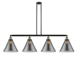 214-BAB-G43-L 4-Light 56" Black Antique Brass Island Light - Plated Smoke Cone 12" Glass - LED Bulb - Dimmensions: 56 x 12 x 14<br>Minimum Height : 24.25<br>Maximum Height : 48.25 - Sloped Ceiling Compatible: Yes