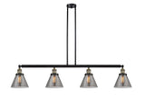 214-BAB-G43 4-Light 52.375" Black Antique Brass Island Light - Plated Smoke Large Cone Glass - LED Bulb - Dimmensions: 52.375 x 7.75 x 10<br>Minimum Height : 20.25<br>Maximum Height : 44.25 - Sloped Ceiling Compatible: Yes