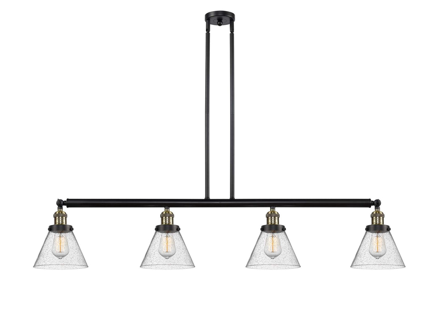 214-BAB-G44 4-Light 52.375" Black Antique Brass Island Light - Seedy Large Cone Glass - LED Bulb - Dimmensions: 52.375 x 7.75 x 10<br>Minimum Height : 20.25<br>Maximum Height : 44.25 - Sloped Ceiling Compatible: Yes
