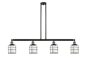 4-Light 49.625" Black Antique Brass Island Light - Matte White Cased Small Bell Cage Glass LED