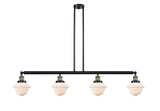 214-BAB-G531 4-Light 52.125" Black Antique Brass Island Light - Matte White Cased Small Oxford Glass - LED Bulb - Dimmensions: 52.125 x 7.75 x 10<br>Minimum Height : 20<br>Maximum Height : 44 - Sloped Ceiling Compatible: Yes
