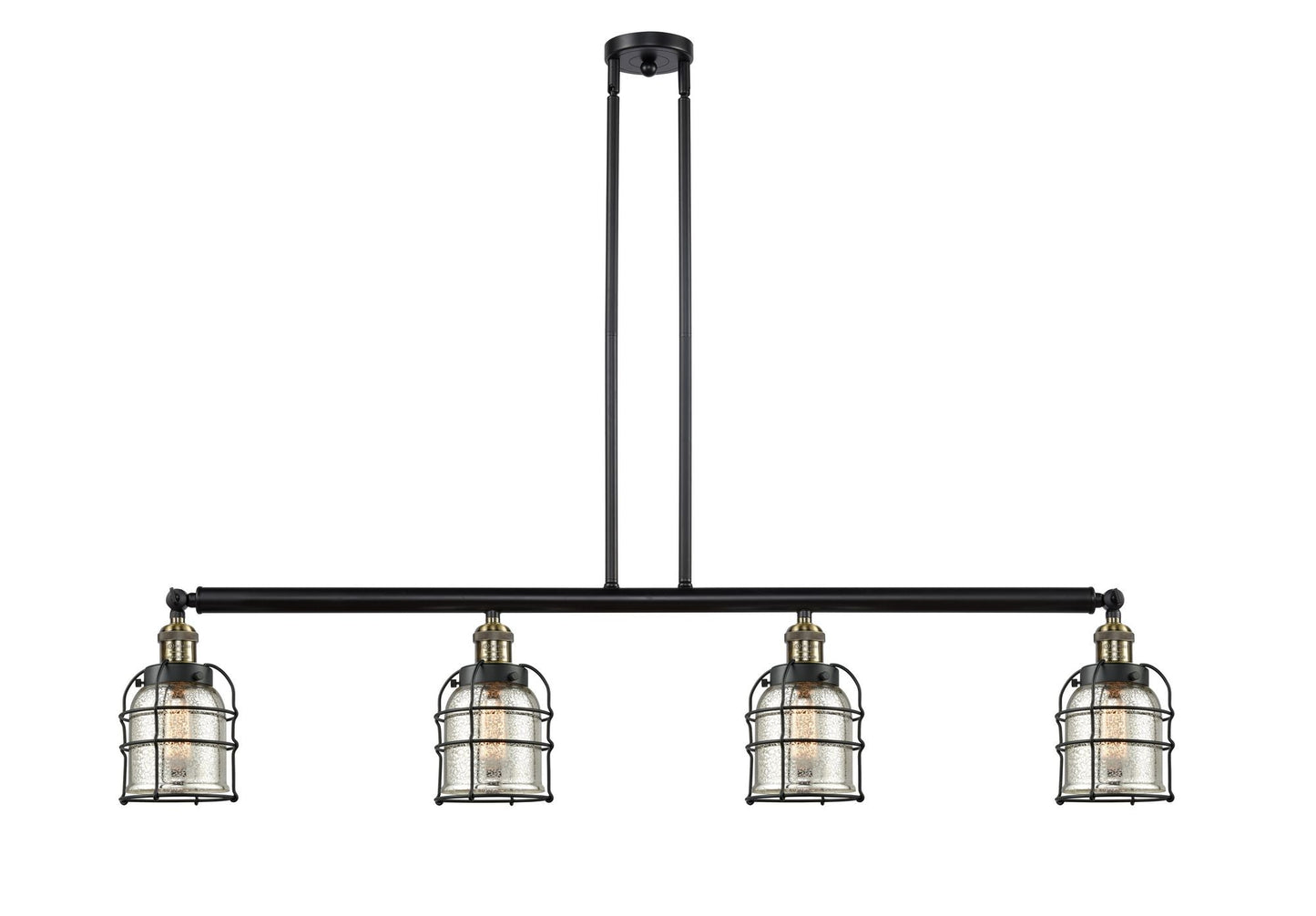 4-Light 49.625" Black Antique Brass Island Light - Silver Plated Mercury Small Bell Cage Glass LED