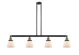 214-BAB-G61 4-Light 50.875" Black Antique Brass Island Light - Matte White Cased Small Cone Glass - LED Bulb - Dimmensions: 50.875 x 6.25 x 10<br>Minimum Height : 20<br>Maximum Height : 44 - Sloped Ceiling Compatible: Yes