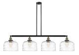 214-BAB-G713-L 4-Light 54" Black Antique Brass Island Light - Clear Deco Swirl X-Large Bell Glass - LED Bulb - Dimmensions: 54 x 12 x 13<br>Minimum Height : 22.25<br>Maximum Height : 46.25 - Sloped Ceiling Compatible: Yes