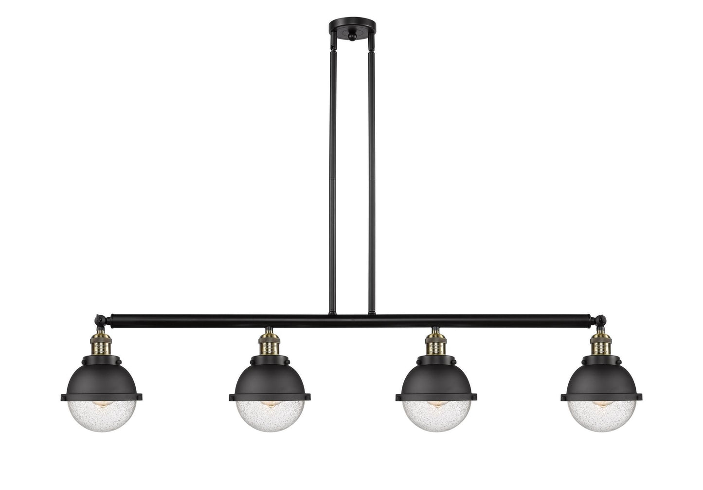 214-BAB-HFS-64-BK 4-Light 51.875" Matte Black Island Light - Seedy Hampden Glass - LED Bulb - Dimmensions: 51.875 x 7.25 x 10.5<br>Minimum Height : 19.5<br>Maximum Height : 43.5 - Sloped Ceiling Compatible: Yes