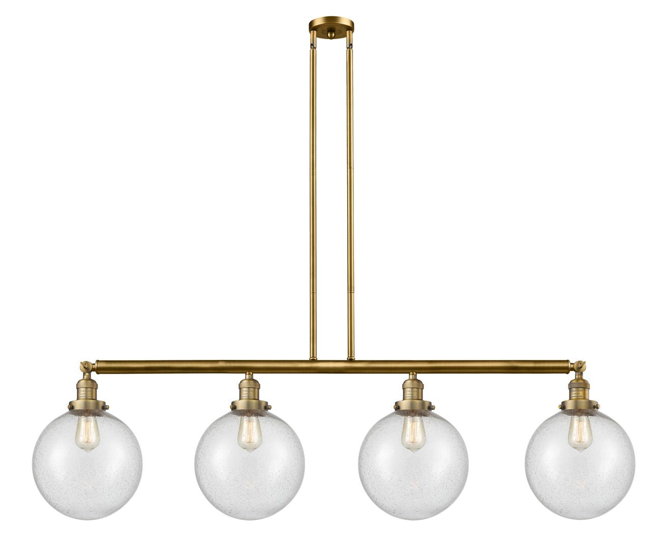 214-BB-G204-10 4-Light 54" Brushed Brass Island Light - Seedy Beacon Glass - LED Bulb - Dimmensions: 54 x 10 x 14<br>Minimum Height : 24<br>Maximum Height : 48 - Sloped Ceiling Compatible: Yes