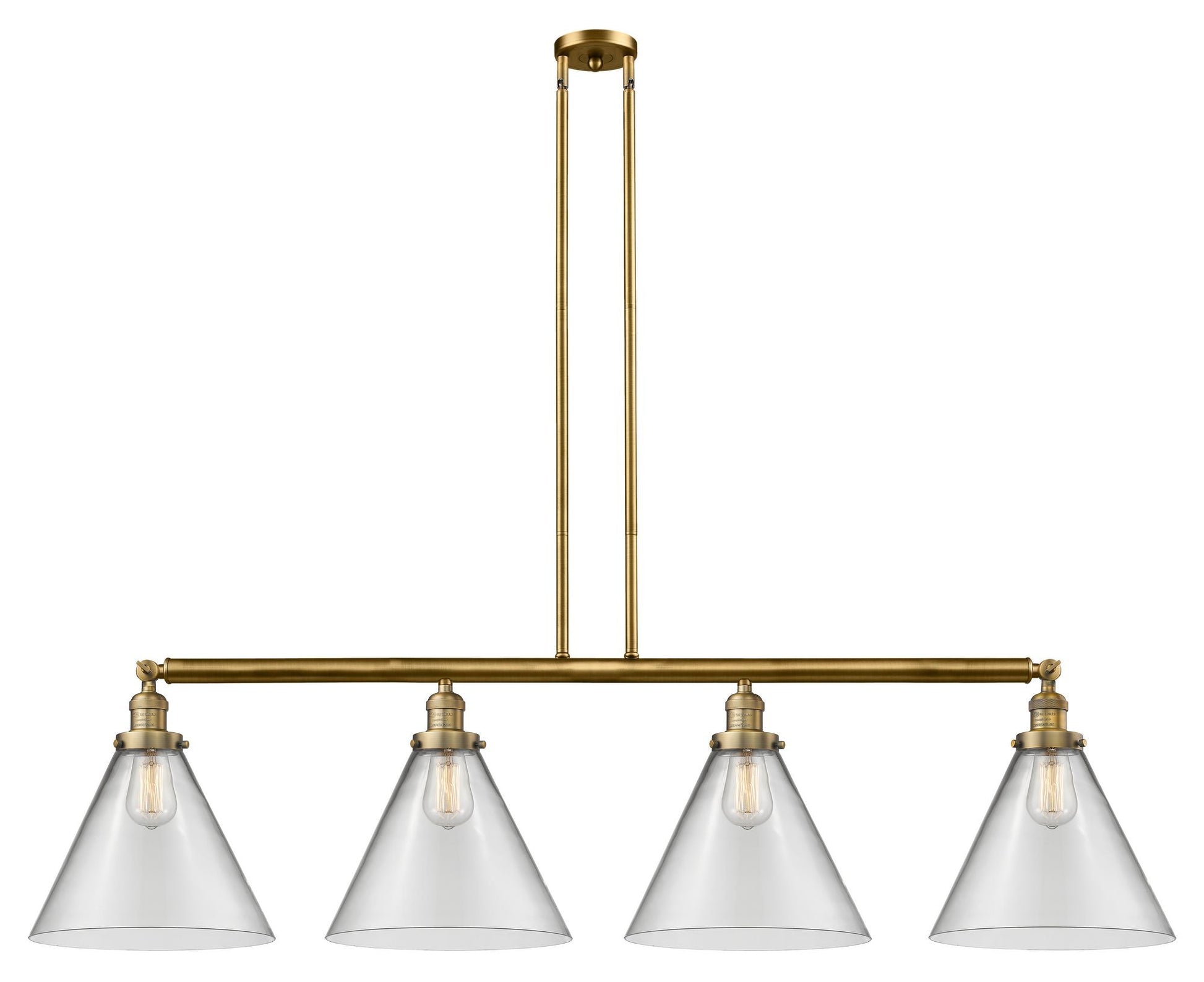 214-BB-G42-L 4-Light 56" Brushed Brass Island Light - Clear Cone 12" Glass - LED Bulb - Dimmensions: 56 x 12 x 14<br>Minimum Height : 24.25<br>Maximum Height : 48.25 - Sloped Ceiling Compatible: Yes
