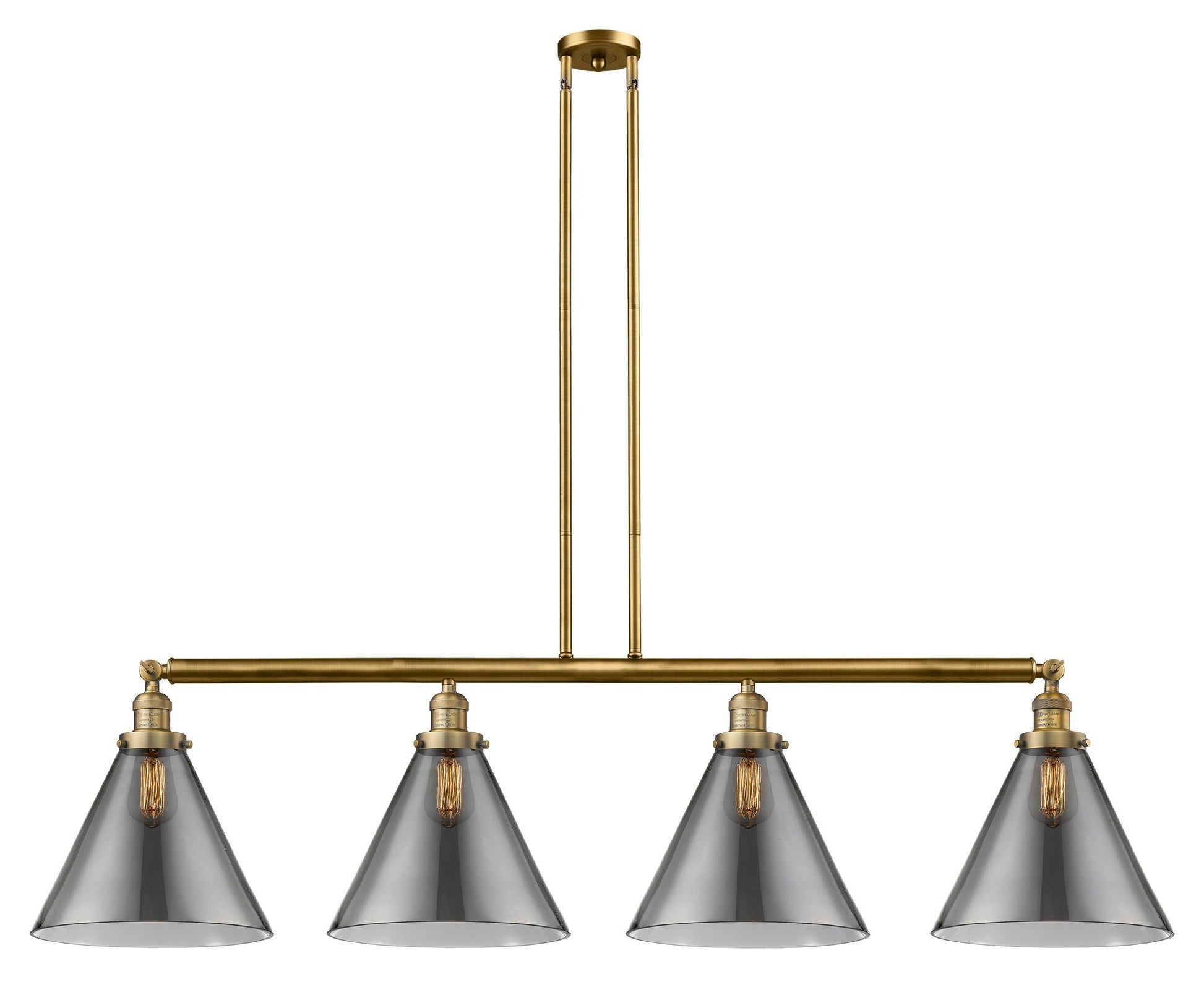214-BB-G43-L 4-Light 56" Brushed Brass Island Light - Plated Smoke Cone 12" Glass - LED Bulb - Dimmensions: 56 x 12 x 14<br>Minimum Height : 24.25<br>Maximum Height : 48.25 - Sloped Ceiling Compatible: Yes
