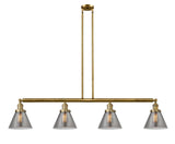 214-BB-G43 4-Light 52.375" Brushed Brass Island Light - Plated Smoke Large Cone Glass - LED Bulb - Dimmensions: 52.375 x 7.75 x 10<br>Minimum Height : 20.25<br>Maximum Height : 44.25 - Sloped Ceiling Compatible: Yes