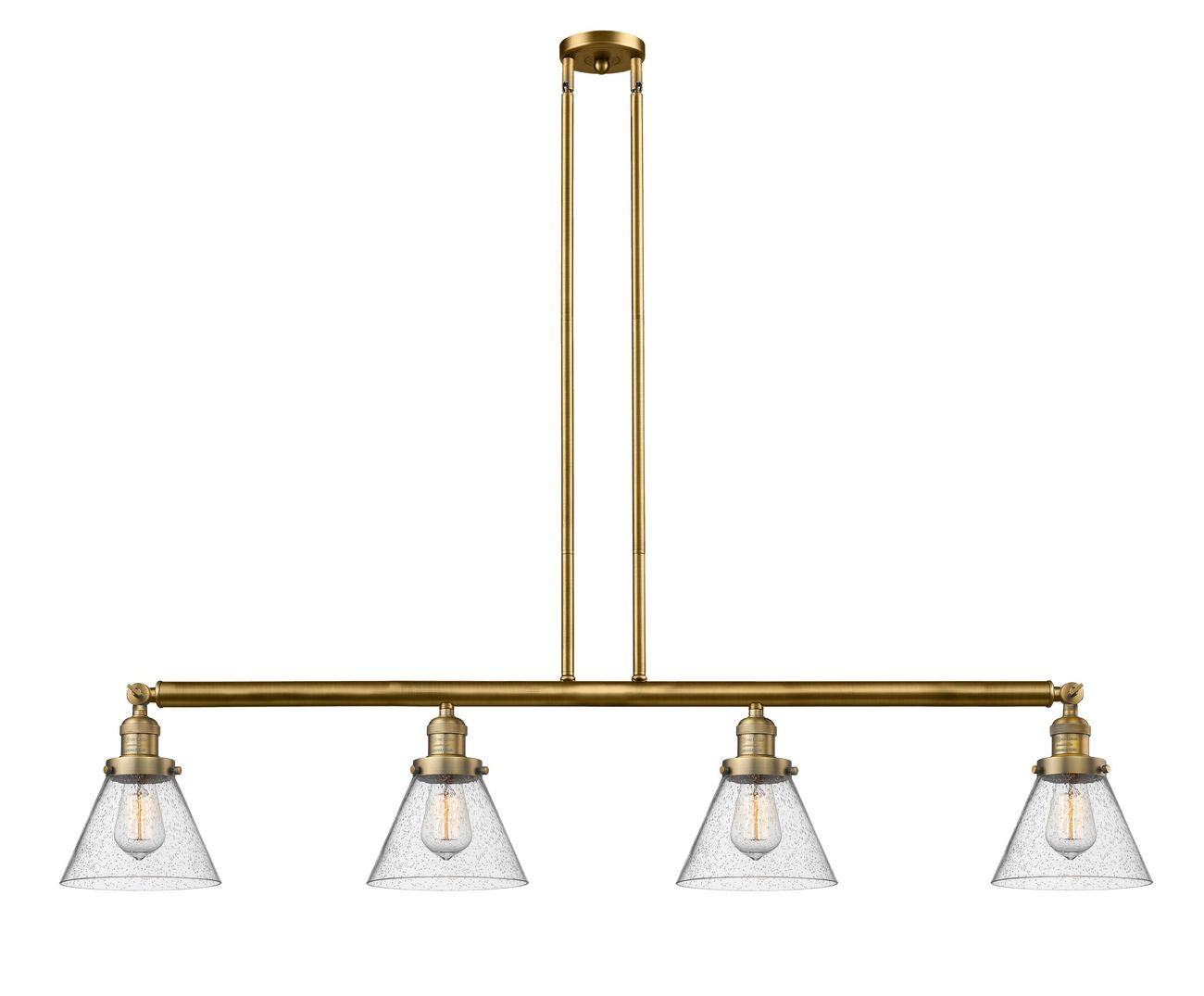 214-BB-G44 4-Light 52.375" Brushed Brass Island Light - Seedy Large Cone Glass - LED Bulb - Dimmensions: 52.375 x 7.75 x 10<br>Minimum Height : 20.25<br>Maximum Height : 44.25 - Sloped Ceiling Compatible: Yes