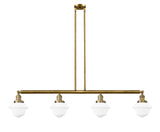 214-BB-G531 4-Light 52.125" Brushed Brass Island Light - Matte White Cased Small Oxford Glass - LED Bulb - Dimmensions: 52.125 x 7.75 x 10<br>Minimum Height : 20<br>Maximum Height : 44 - Sloped Ceiling Compatible: Yes