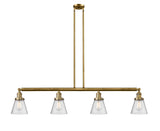 214-BB-G64 4-Light 50.875" Brushed Brass Island Light - Seedy Small Cone Glass - LED Bulb - Dimmensions: 50.875 x 6.25 x 10<br>Minimum Height : 20<br>Maximum Height : 44 - Sloped Ceiling Compatible: Yes