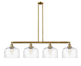 214-BB-G713-L 4-Light 54" Brushed Brass Island Light - Clear Deco Swirl X-Large Bell Glass - LED Bulb - Dimmensions: 54 x 12 x 13<br>Minimum Height : 22.25<br>Maximum Height : 46.25 - Sloped Ceiling Compatible: Yes