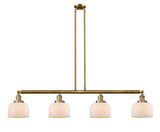 214-BB-G71 4-Light 52.625" Brushed Brass Island Light - Matte White Cased Large Bell Glass - LED Bulb - Dimmensions: 52.625 x 8 x 10<br>Minimum Height : 20<br>Maximum Height : 44 - Sloped Ceiling Compatible: Yes