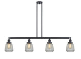 214-BK-G142 4-Light 50.875" Matte Black Island Light - Clear Chatham Glass - LED Bulb - Dimmensions: 50.875 x 6.25 x 10<br>Minimum Height : 21<br>Maximum Height : 45 - Sloped Ceiling Compatible: Yes